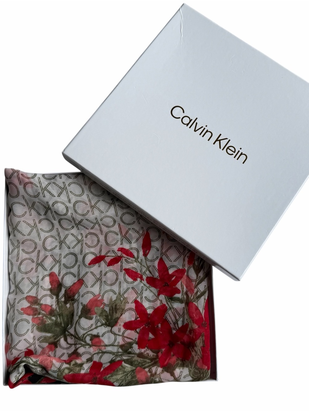 Calvin Klein Floral Logo Silk-Feel Scarf - Red & Green on Cream